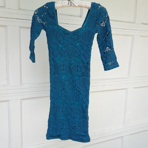 Free People Crochet Slip Dress Lace Body Con Teal Turquoise Stretch Fit Lacy XS - Picture 6 of 9